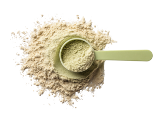 Powder mound with scoop, overhead, isolated on black ground