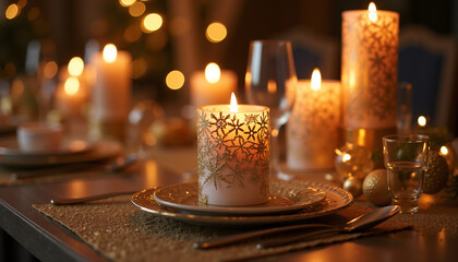Elegant dining table with candles and festive decorations at night  