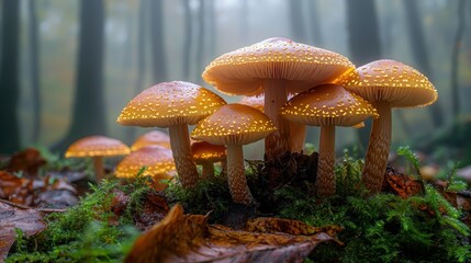 Fototapeta premium Mushrooms with speckled caps grow amidst moss and leaves in a foggy forest scene