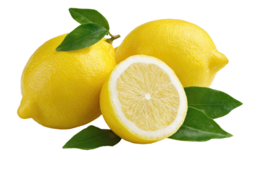 Three lemons, one halved, with vibrant green leaves