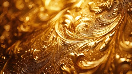 Opulent gold surface shows ornate, twisting floral swirls and shimmering texture
