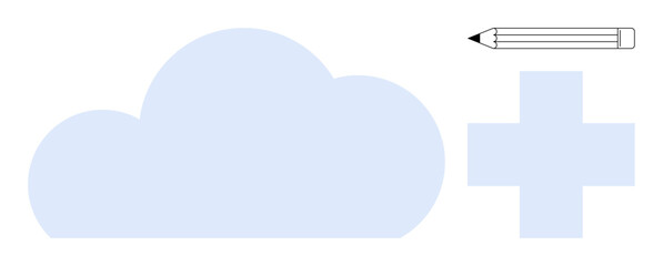 Cloud with a pencil and plus sign representing creativity, collaboration, teamwork, online storage, innovation, data sharing, and content creation. Ideal for modern connectivity metaphor and simple