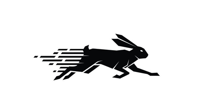 A black silhouette of a running rabbit with speed lines trailing behind it, symbolizing fast movement and agility.