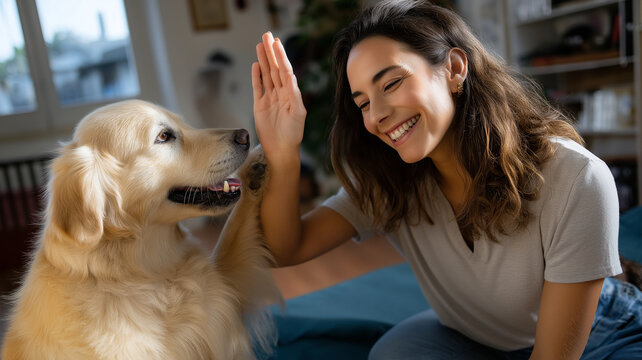 A woman high-fives her joyful golden retriever in their cozy living room Generative AI - Powered by Adobe