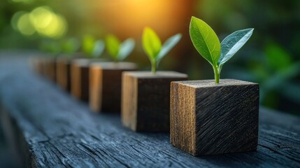 Row of sprouts growing from wooden cubes on a rustic wooden surface