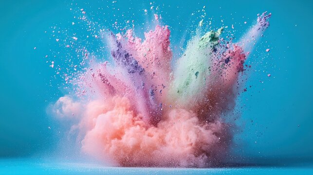Powder explosion against light blue backdrop, pink, green, and purple colors - Powered by Adobe