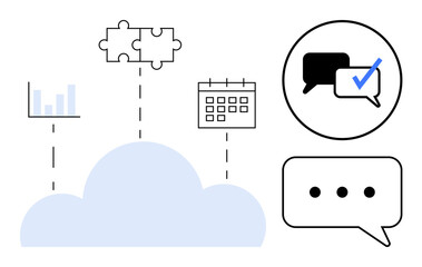 Cloud supporting charts, puzzle pieces, calendar, and speech bubbles to represent teamwork, organization, analytics, task management, brainstorming productivity and connectivity. Ideal for digital
