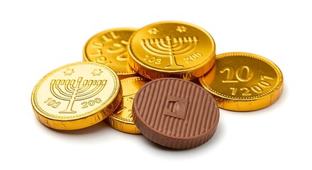 Hanukkah chocolate gelt coins stacked on white background for jewish holiday