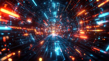 Obraz premium Sci-fi tunnel with red and blue streaks rushing to a bright center point