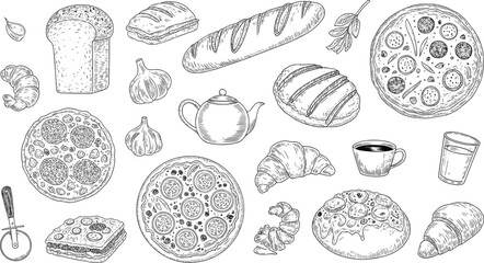 Black and white hand drawn bakery food illustration set featuring bread, pizza, croissants, coffee, garlic, and baking utensils