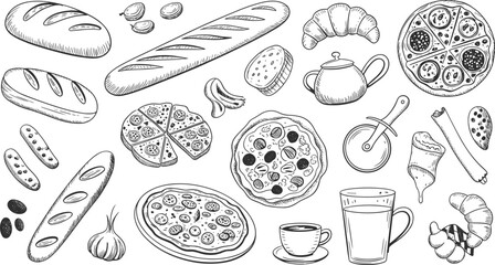 Black and white hand drawn bakery food illustration set featuring bread, pizza, croissants, coffee, garlic, and baking utensils