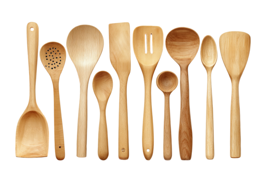 Row of wooden kitchen utensils of varying sizes and shapes