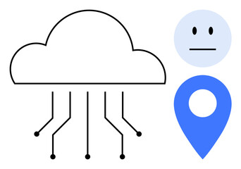 Cloud with connected lines representing data transfer, user face symbol, and location pin. Ideal for data, cloud computing, user interface, navigation, communication, cybersecurity and connectivity
