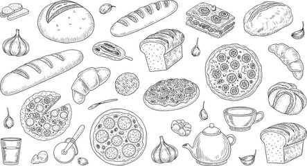 Black and white hand drawn bakery food illustration set featuring bread, pizza, croissants, coffee, garlic, and baking utensils