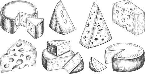Black and white hand drawn cheese illustration set showing various sliced and whole cheese blocks in vintage engraving style design