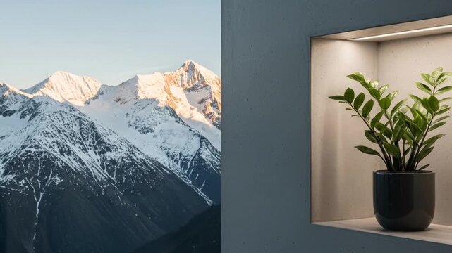 Mountain range and potted plant a contrast of nature and interior design