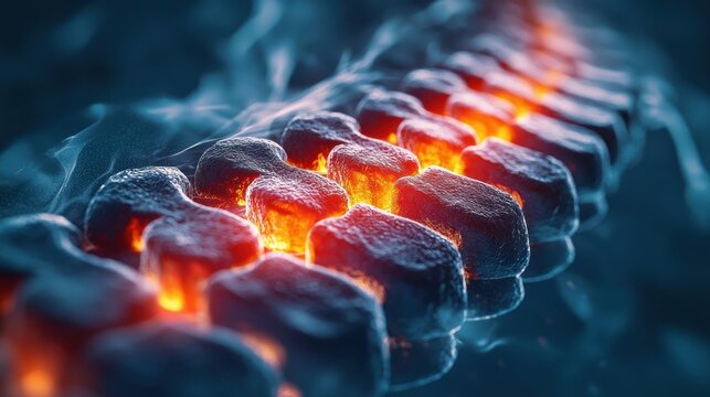Spine section depicted in a 3D render, highlighting pain with hot, orange glow