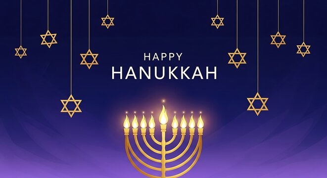 Happy hanukkah celebration with menorah and star of david decorations on blue background