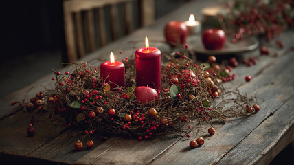 Candles flicker softly among apples and berries on a wooden table, creating a welcoming atmosphere Generative AI
