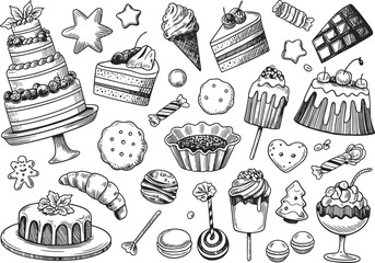 Black and white hand drawn dessert illustration set with cakes cupcakes ice cream cookies candy chocolate pastry sweet food elements
