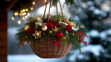 A bright hanging basket overflows with vivid flowers and cheerful ornaments, celebrating winter joy Generative AI