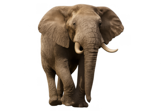 African bush elephant walking towards the viewer on transparent background, wildlife, mammal