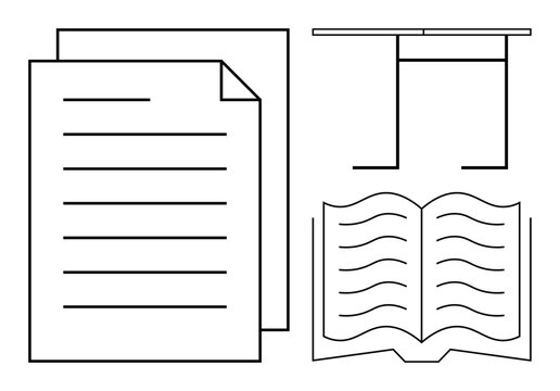Paper sheets, open book, and graduation cap symbols representing reading, learning, and education. Ideal for studies, knowledge, school academic success exams research and higher learning. Simple