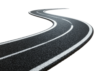 Winding asphalt road with white lane markers on black