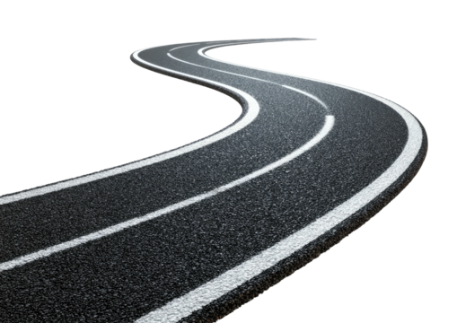 Winding asphalt road with white lane markers on black