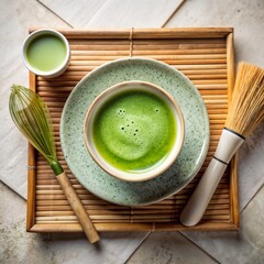 Delicious matcha tea bowl and whisk on bamboo tray for healthy lifestyle