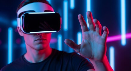 Man immersed in virtual reality with futuristic VR headset.