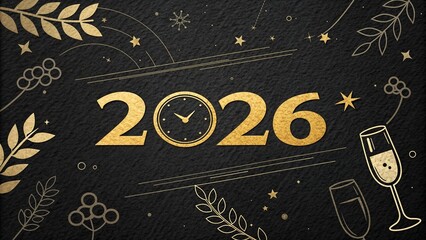 Happy new year 2026 celebration background with gold design and clock face