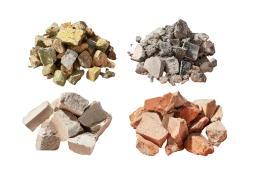 Four piles of colorful broken rock, brick, stone fragments