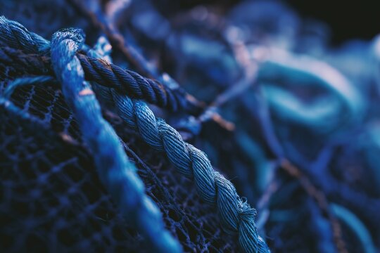 Dark blue tangled fishing nets and ropes in a detailed close-up with blurred backdrop, evoking themes of fishing livelihood and coastal culture for educational or artistic use.
