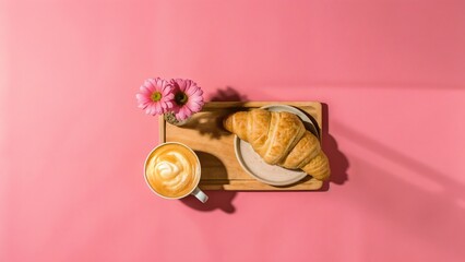 Flat lay of croissant and latte art coffee on pink background for breakfast