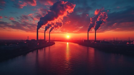Industrial sunset over river, dark silhouettes of factories with smoke stacks