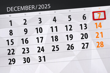 Calendar 2025, deadline, day, month, page, organizer, date, December, sunday, number 7