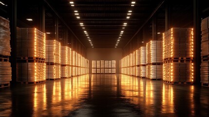 Industrial warehouse interior, lit by warm light