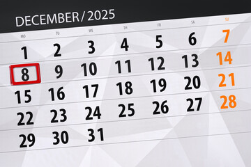 Calendar 2025, deadline, day, month, page, organizer, date, December, monday, number 8