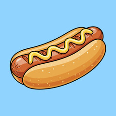 A classic hot dog with yellow mustard in a bun, presented on a simple light blue background.