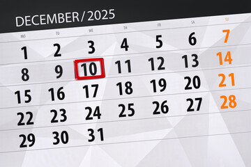 Calendar 2025, deadline, day, month, page, organizer, date, December, wednesday, number 10