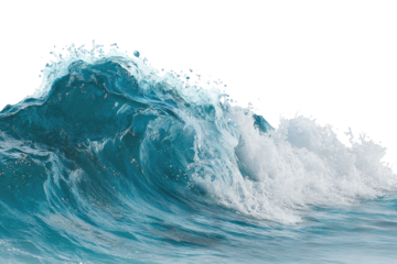 Blue ocean wave cresting, translucent and foamy against black