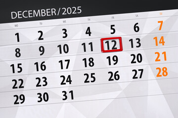 Calendar 2025, deadline, day, month, page, organizer, date, December, friday, number 12