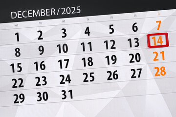 Calendar 2025, deadline, day, month, page, organizer, date, December, sunday, number 14