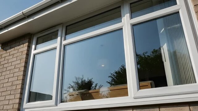This close-up, low-angle view captures a section of a modern building's exterior, focusing on clean white window frames and multiple glass panes. The windows beautifully reflect a clear blue sky and l