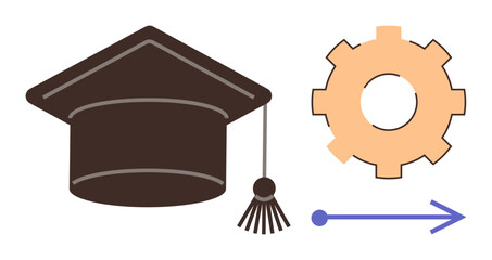 Graduation cap, gear, and arrow symbolizing academic achievement, skill development, and forward career movement. Ideal for education, success, innovation, industry progress advancement flat