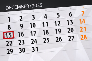 Calendar 2025, deadline, day, month, page, organizer, date, December, monday, number 15
