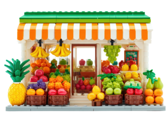 Cute brick fruit stand, colorful produce, awning