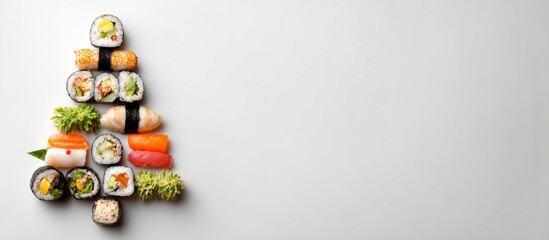 Obraz premium Sushi varieties forming a christmas tree on white background