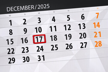 Calendar 2025, deadline, day, month, page, organizer, date, December, wednesday, number 17